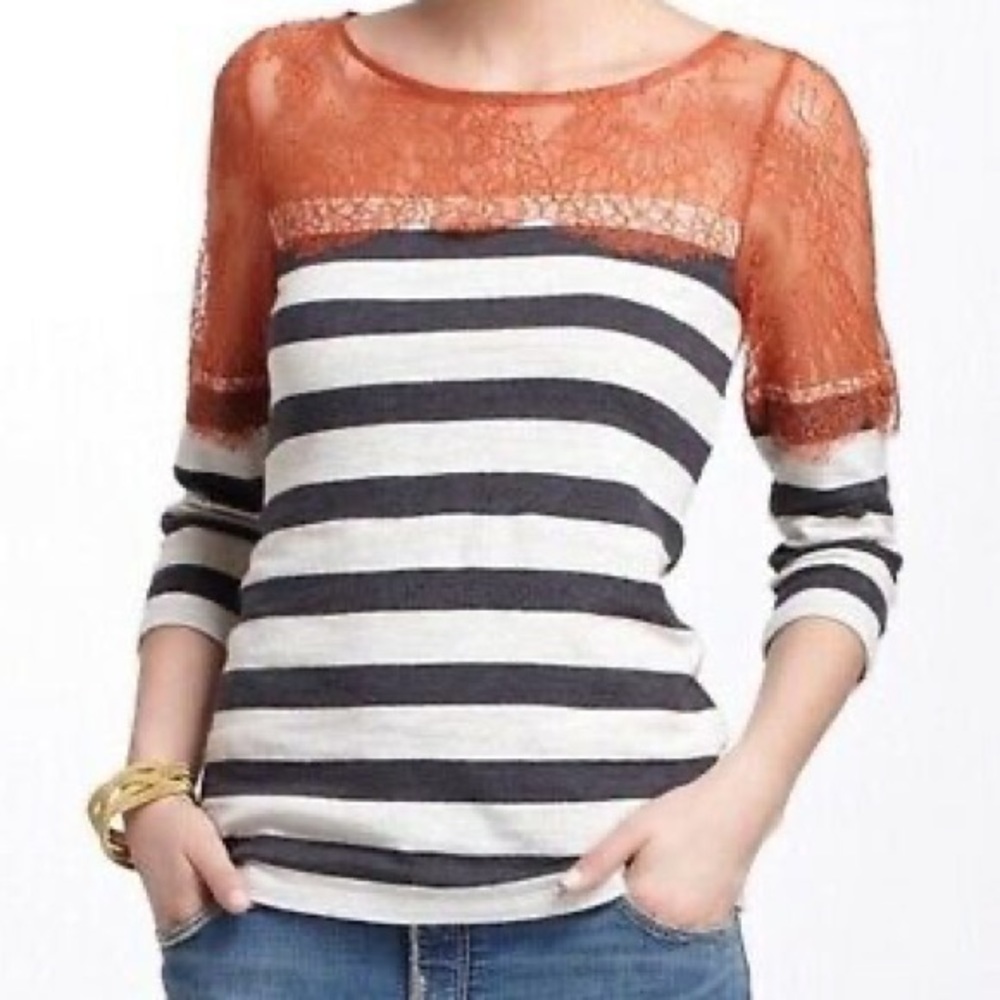 NWOT Anthropologie Deletta Rust Lace Stripe Pullover Blouse Small